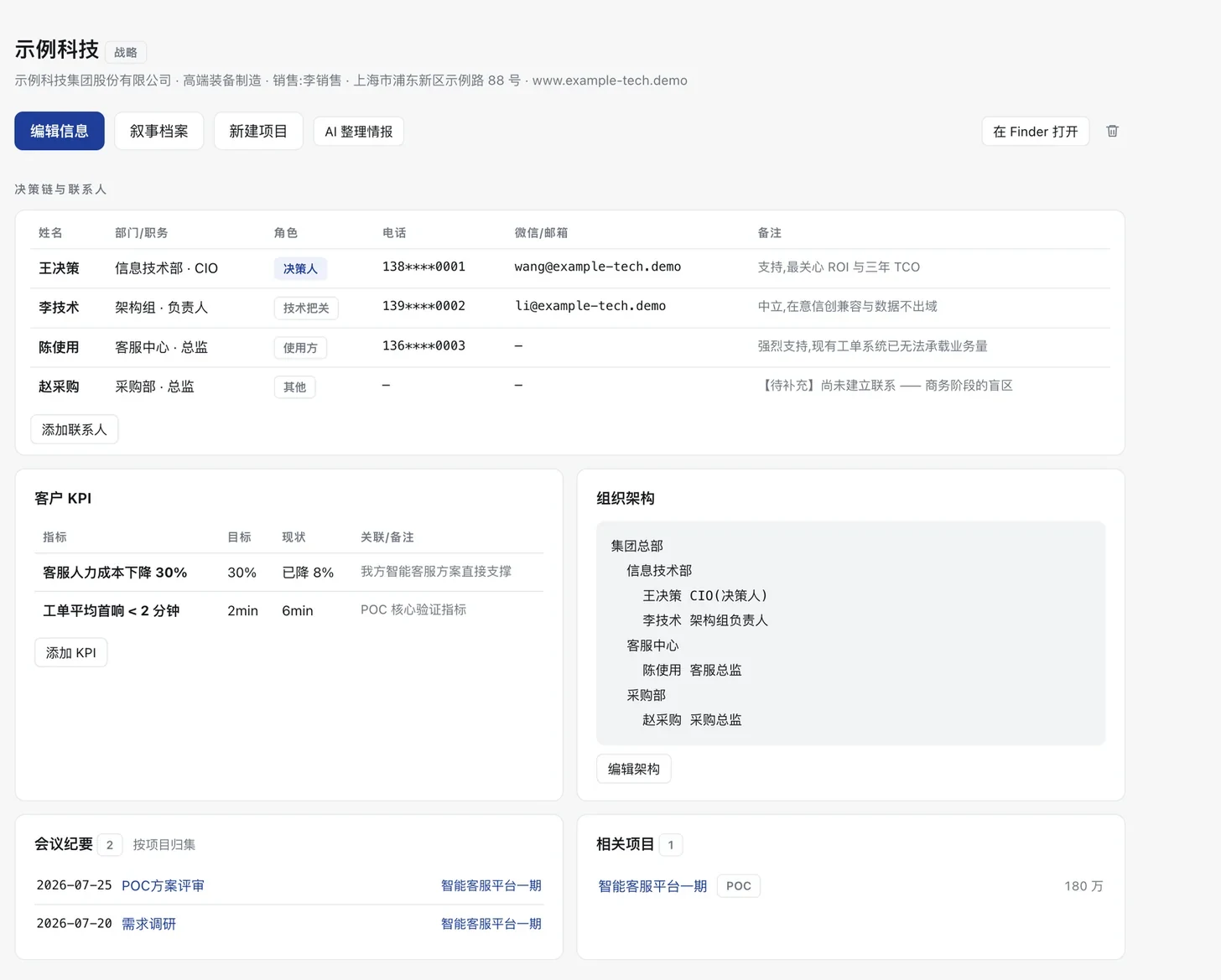 客户详情页:决策链与联系人表格、客户 KPI、组织架构树、会议纪要与相关项目